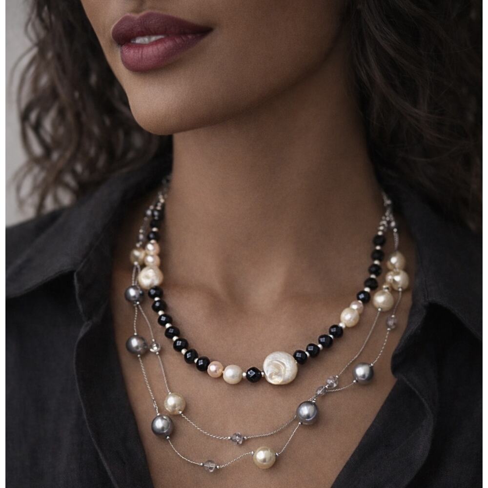 2-Piece Freshwater Pearl & Black Crystal and Layered Silver Pearl Necklaces Set